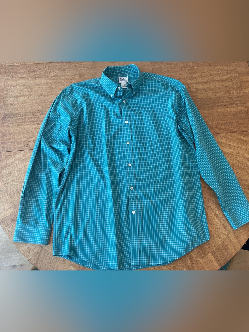 LL Bean Men's L Teal Windowpane Button-Down Shirt